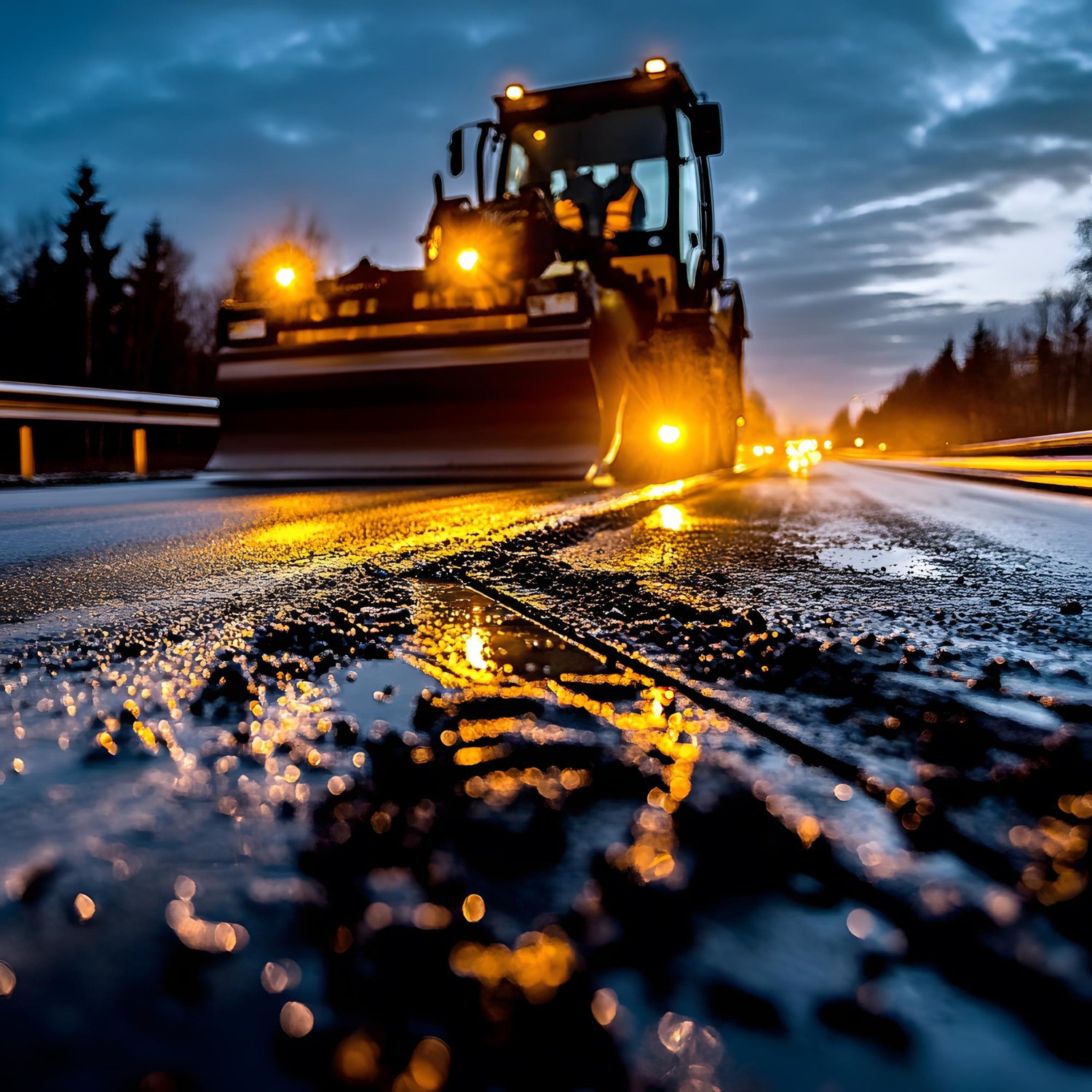 Road maintenance crew repairing bituminous pavements